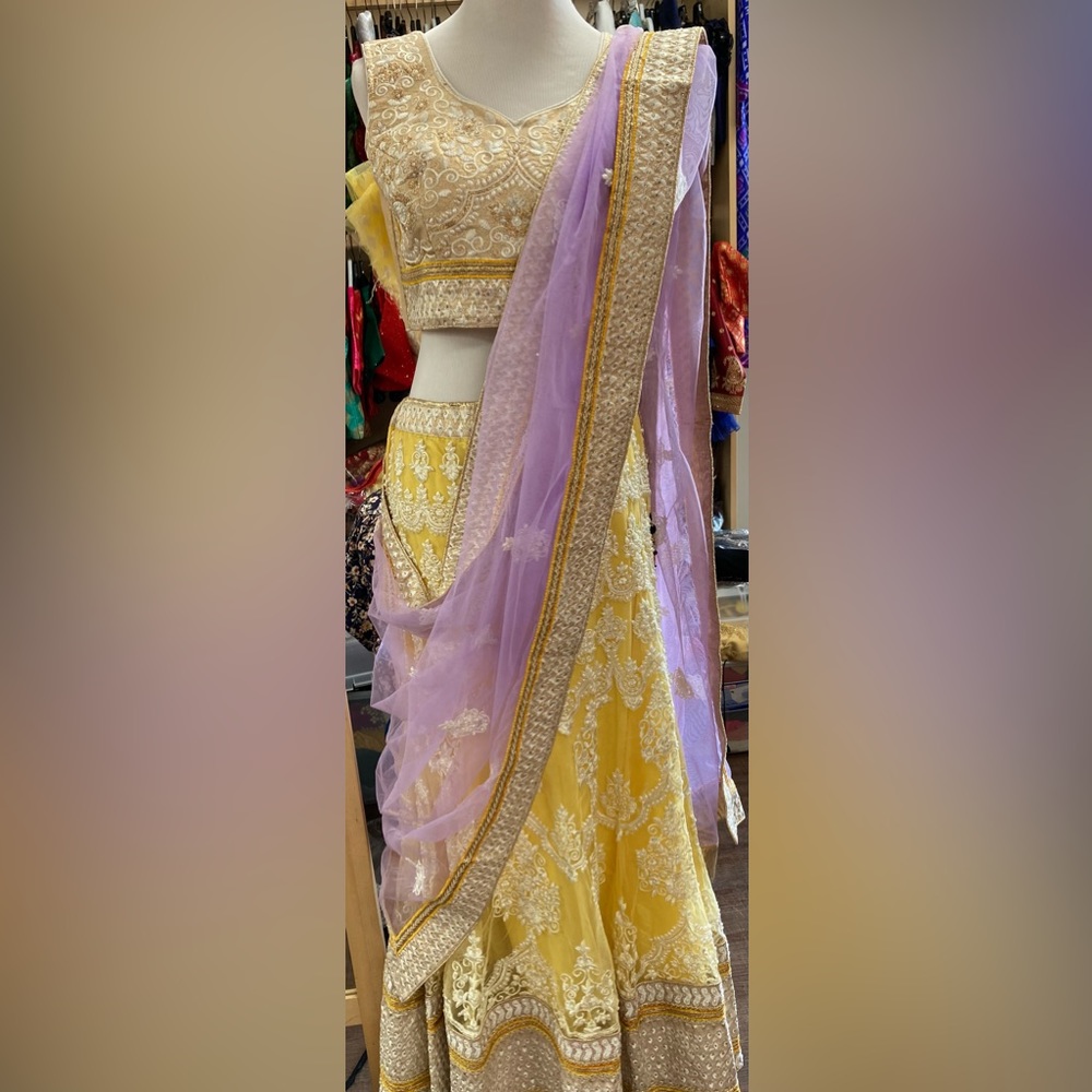 Yellow and purple with pearl design lehenga